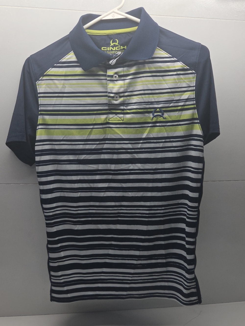 Cinch Men’s Navy, White & Lime Striped Performance Polo